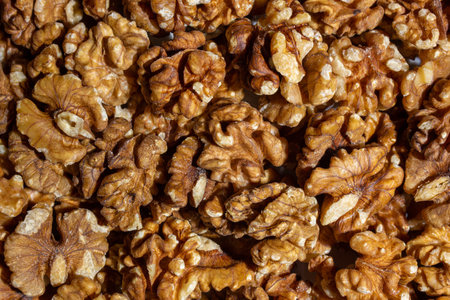 Scattered Shelled Walnuts. Background from Walnut. Natural High-Calorie Snacksの写真素材