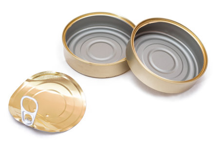 Two Opened Empty Tin Cans With Broken Cover Isolated on White Background. Clean Used Aluminum Cans - Isolation. Non-Degradable Inorganic Wasteの写真素材
