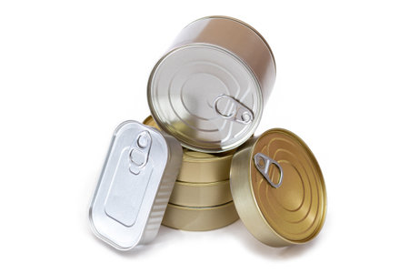 A Group of Stacked Tin Cans with Blank Edges Isolated on White Background. Canned Food. Different...