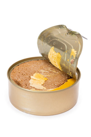 Opened Tin Can with Chicken Liver Pate Isolated on White Background. Open Canned Pate - Isolationの写真素材
