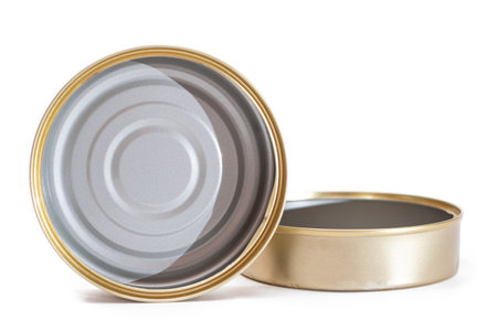 Two Opened Empty Tin Cans Isolated on White Background. Clean Used Aluminum Cans - Isolation. Non-Degradable Inorganic Wasteの写真素材