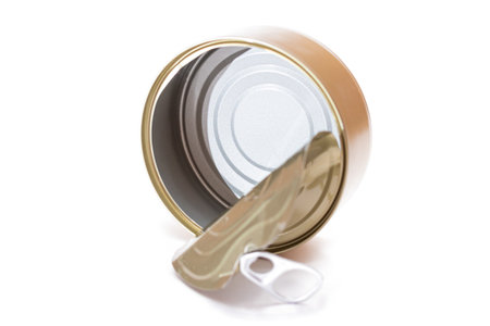 Opened Empty Tin Can Isolated on White Background. Clean Used Aluminum Can - Isolation....