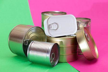 A Group of Stacked Tin Cans on Split Green and Cyan Background. Canned Food. Aluminum Cans for Safe and Long Term Storage of Food. Steel Sealed Food Storage Containersの写真素材
