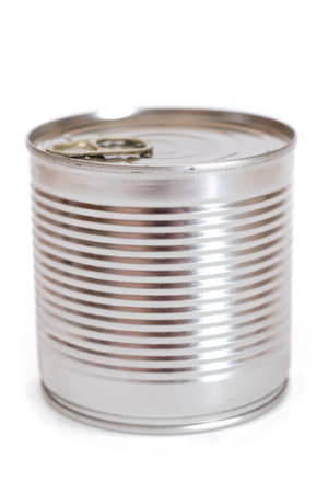 Round Unopened Tin Can Isolated on White Background. Canned Food. Aluminum Can for Safe and Long...
