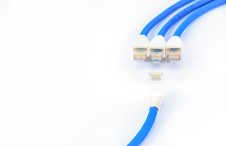 Blue UTP LAN cable on a white backgroundの写真素材