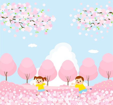 Cherry blossom and children running in the park, vector illustration. spring flower backgroundのイラスト素材