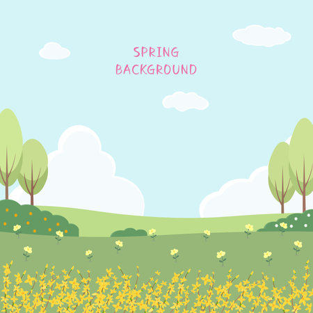 Spring landscape with meadows and yellow flowers (forsythia). Vector illustration.のイラスト素材