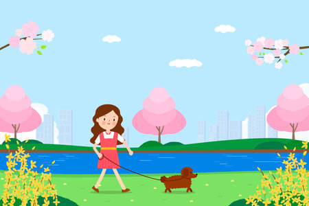 A woman is walking her dog in a lake park.のイラスト素材
