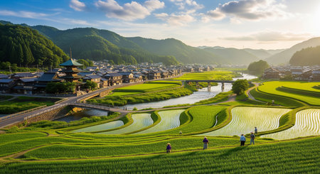 Tourists walking on the rice terraces in Kamakura, Japanの素材