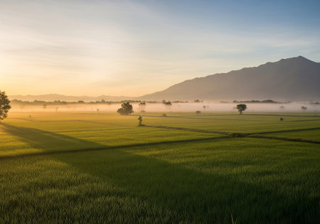 Rice field with fog in the morning at Khao Yai National Park, Thailandの素材