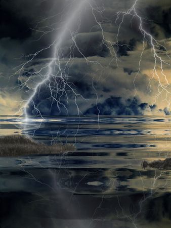 Lightning striking over a ripply lakeの写真素材