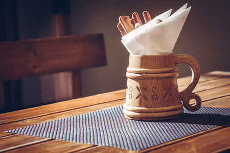 Cutlery in a beer mug in Tallinnの写真素材