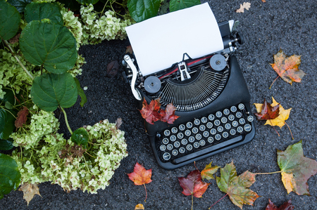 Antique vintage typewriter in on autumn background with fallen leavesの写真素材
