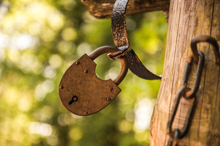 Vintage grunge metallic Old Lock outside on natureの写真素材