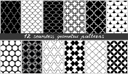 Set of seamless geometric patterns. Islamic black and white elements backgrounds collection. Repeating texture for wallpaper, packaging, banners, invitations, business cards, fabric print, tiles. Vector.のイラスト素材