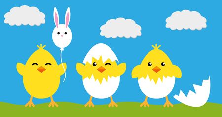 Happy Easter eggs chicks sign poster, flat icon on green blue background, vector and illustration templateのイラスト素材