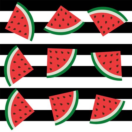 Watermelon slices vector fun pattern on a black and white striped background. Baby and kids style....