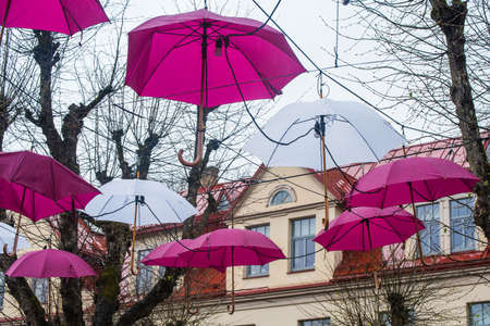 Ogre city is decorated with red and white umbrellas. Ogre. Latvia. May 2, 2020.のeditorial素材