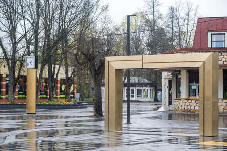 Ogre city central Brivibas Street fountain. Ogre. Latvia. May 2, 2020.のeditorial素材