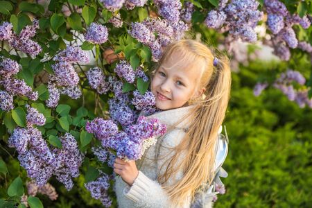 Little girl smelling lilac flowers in sunny day.の写真素材