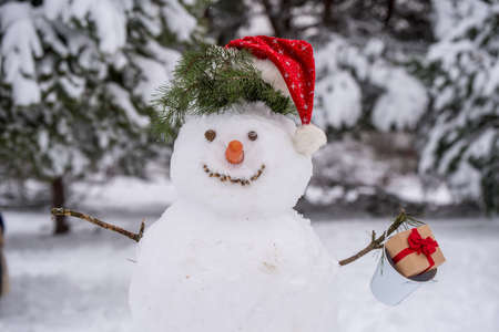 Funny snowman in a forest. Snowman in santa hatの写真素材