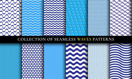Seamless Waves different patterns set. Aqua designのイラスト素材