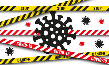 Yellow and black danger cross lines ribbons with Covid-19 Sign. Caution Warning Tapeのイラスト素材
