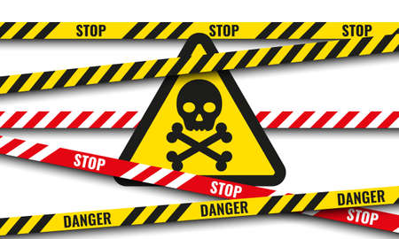 Skull and crossbones icon on yellow warning sign and danger cross lines ribbons.のイラスト素材