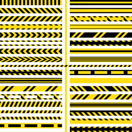 Yellow and black danger ribbons. Police line, crime scene, do not cross, construction site roadのイラスト素材