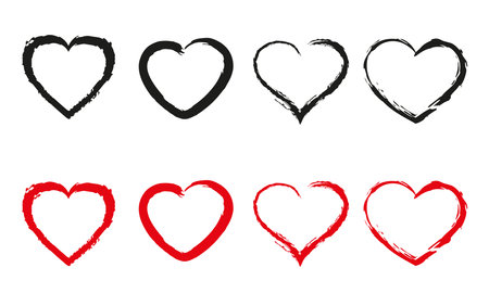 Love symbol icon set. Red and black stroke hearts. Different shapes Romantic Valentine abstract heart collectionのイラスト素材
