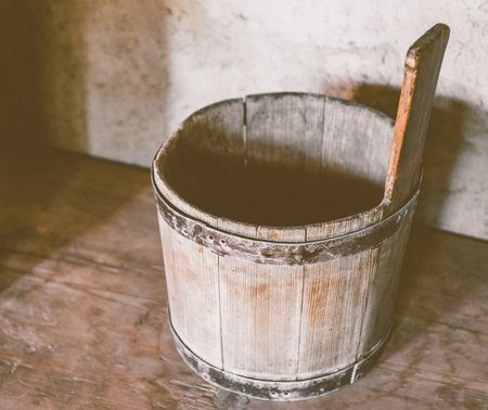 Wooden vintage bath tub for water.の写真素材