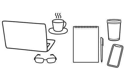 Workspace decorative icons set laptop smartphone notepad pen coffee glasses vector symbolsのイラスト素材