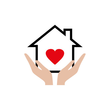Hands holding house with heart icon, line sign on white backgroundのイラスト素材