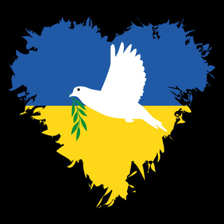 White dove with olive branch on Ukraine flag heart backgroundのイラスト素材