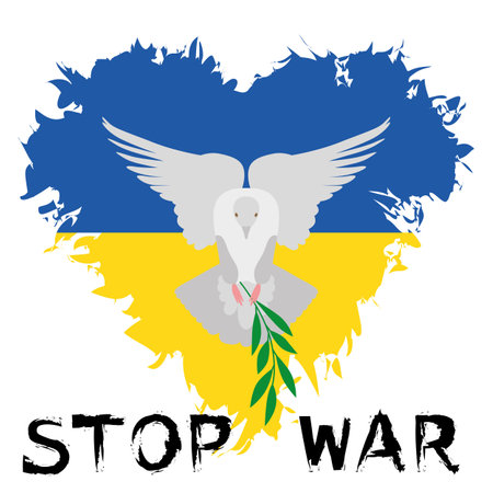 White dove with olive branch on Ukraine flag heart backgroundのイラスト素材