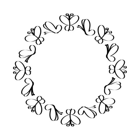 Round frame with hand drawn butterflies. Vector illustration Butterfly with different wingsのイラスト素材