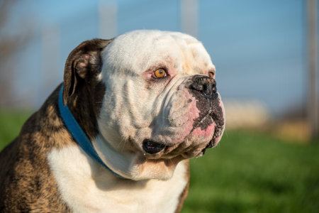 Brindle coat American Bulldog dog portrait outsideの写真素材