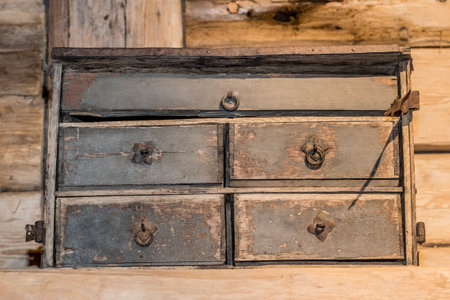 Old wooden locker. Old vintage antique chest of drawers blue woodの写真素材