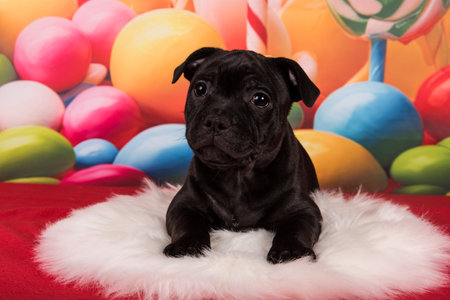 American Staffordshire Bull Terrier dog puppy on red background.の写真素材