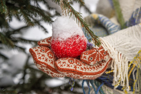 Hands in knitted mittens hang a red ball on the Christmas tree. Frosts.の写真素材