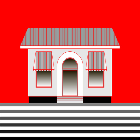 The facade of a one-story building shop or cafe on a red background. Vector illustration in flat style.のイラスト素材