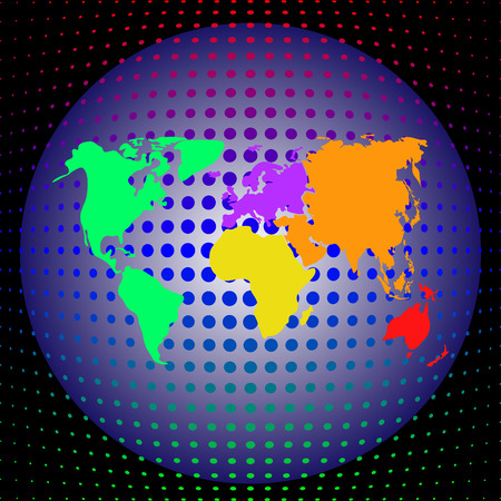 Globe with six continents on a deep dark background. Symbolic colors for every Continent. Vector illustration.のイラスト素材