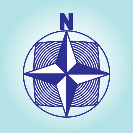 Orientation of the cardinal directions. Modern concept for compass, map and any travel. Blue and white. Vector illustration on a light blue background in flat style.のイラスト素材