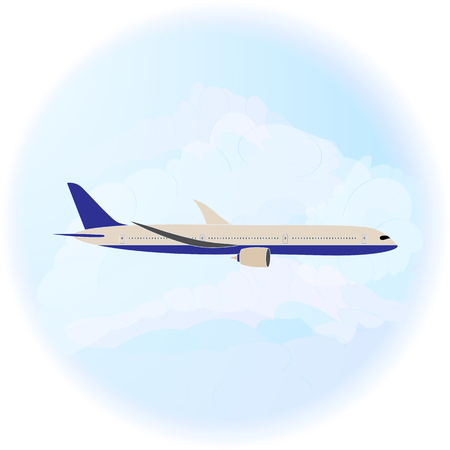 Side view of a flying airplane with clouds flat style. Ideal for catalogs, information and travel guides.のイラスト素材
