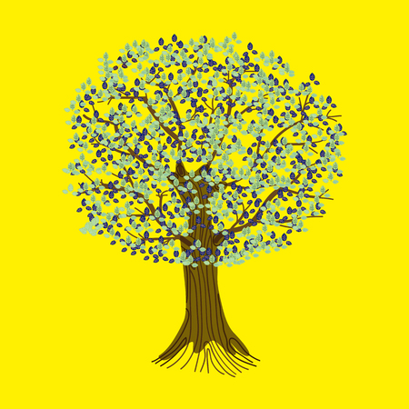 A modern stylized fantasy tree with roots, branches and leaves. Vector illustration on a yellow background.のイラスト素材