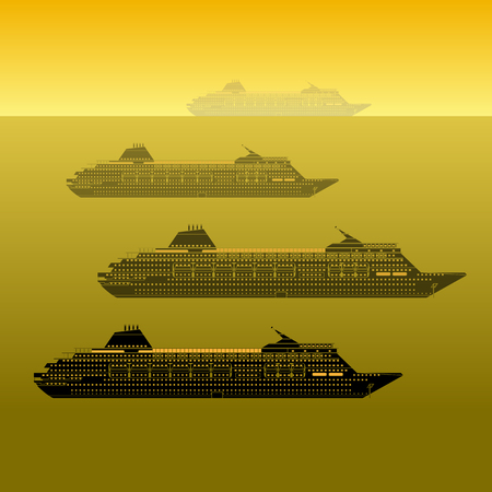 A set of four large transport passenger ships on a sunset background. Realistic vector illustration.のイラスト素材