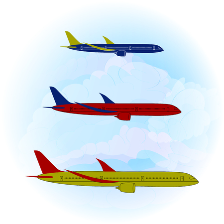Vector illustration of three modern stylized airplanes on a light blue sky and clouds background. Side view of passenger jets. Flat style. Ideal for catalogs, information and travel guides.のイラスト素材