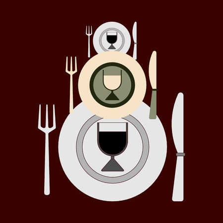Plates, forks, knives and glasses of different sizes for changing dishes on a dark background. Flat design. Vector illustration. Suitable for restaurants, cafes, bars, menu, etc.のイラスト素材