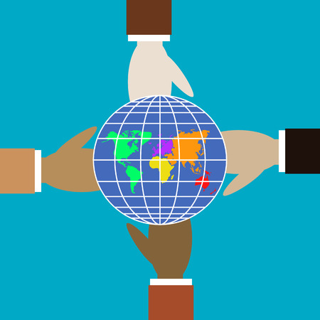 Four hands of different colors hold the globe. Friendship symbol trendy flat symbol concept of teamwork, success, business, equality vector illustration for catalogs, information, travel, web.のイラスト素材