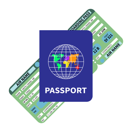 Flat vector illustration of passport and air ticket. Blue passport and boarding pass, globe with continents is on the passport cover. Trendy symbol concept for catalogs, information, travel, web.のイラスト素材